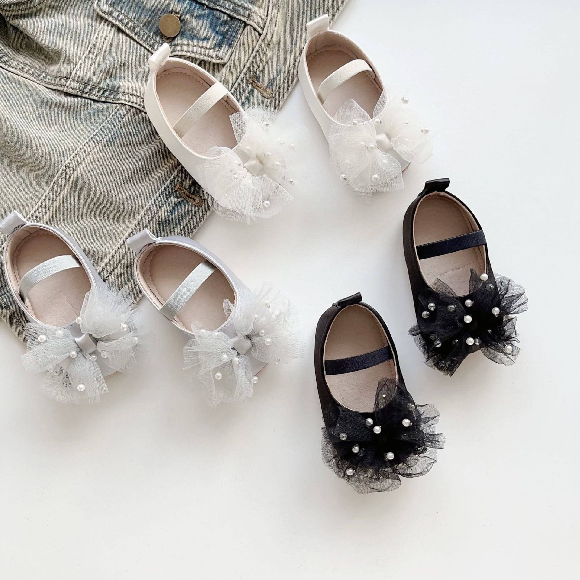 ベビー用靴 ベビーシューズ チュールリボンパールフラットバレエシューズ【mh0009717】