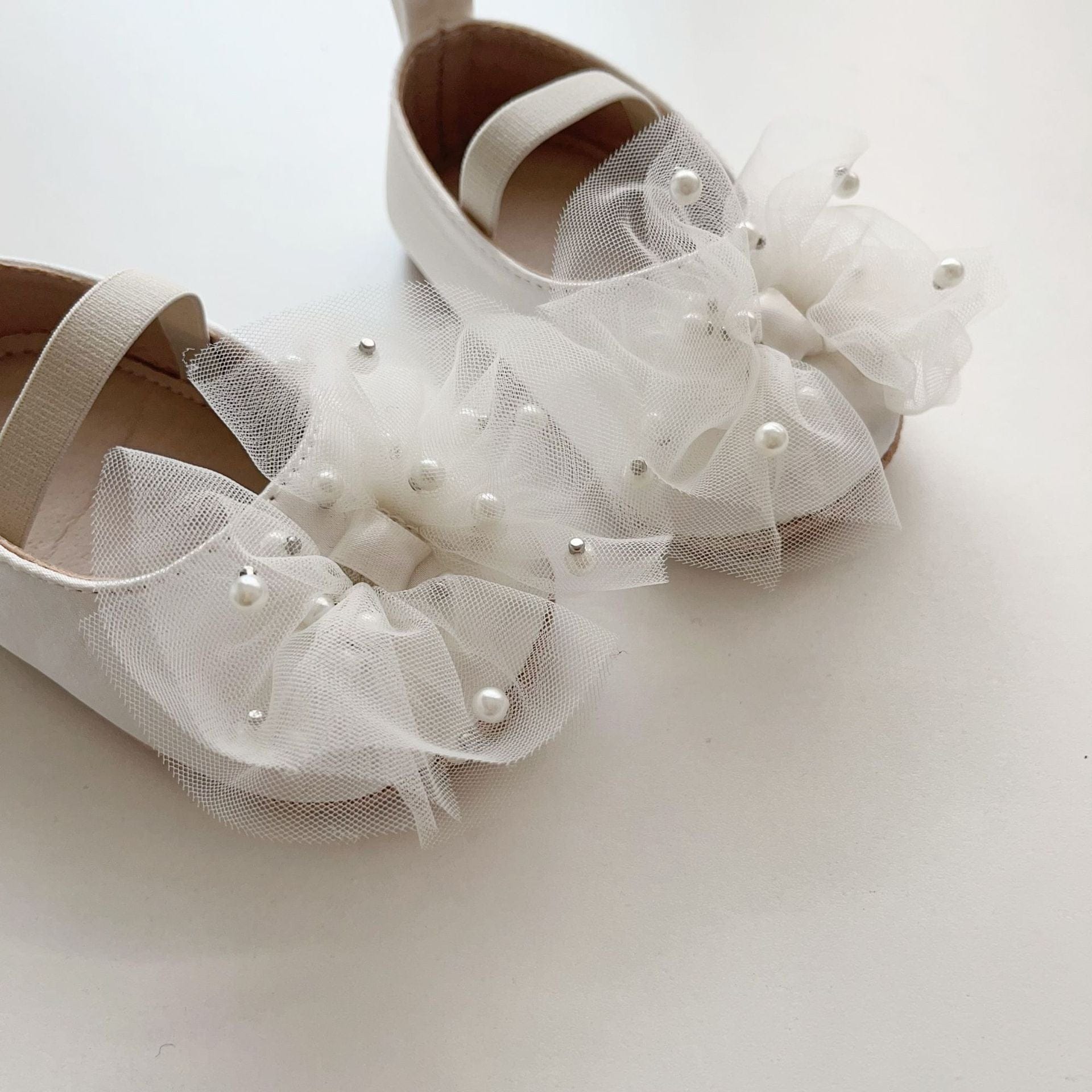 ベビー用靴 ベビーシューズ チュールリボンパールフラットバレエシューズ【mh0009717】