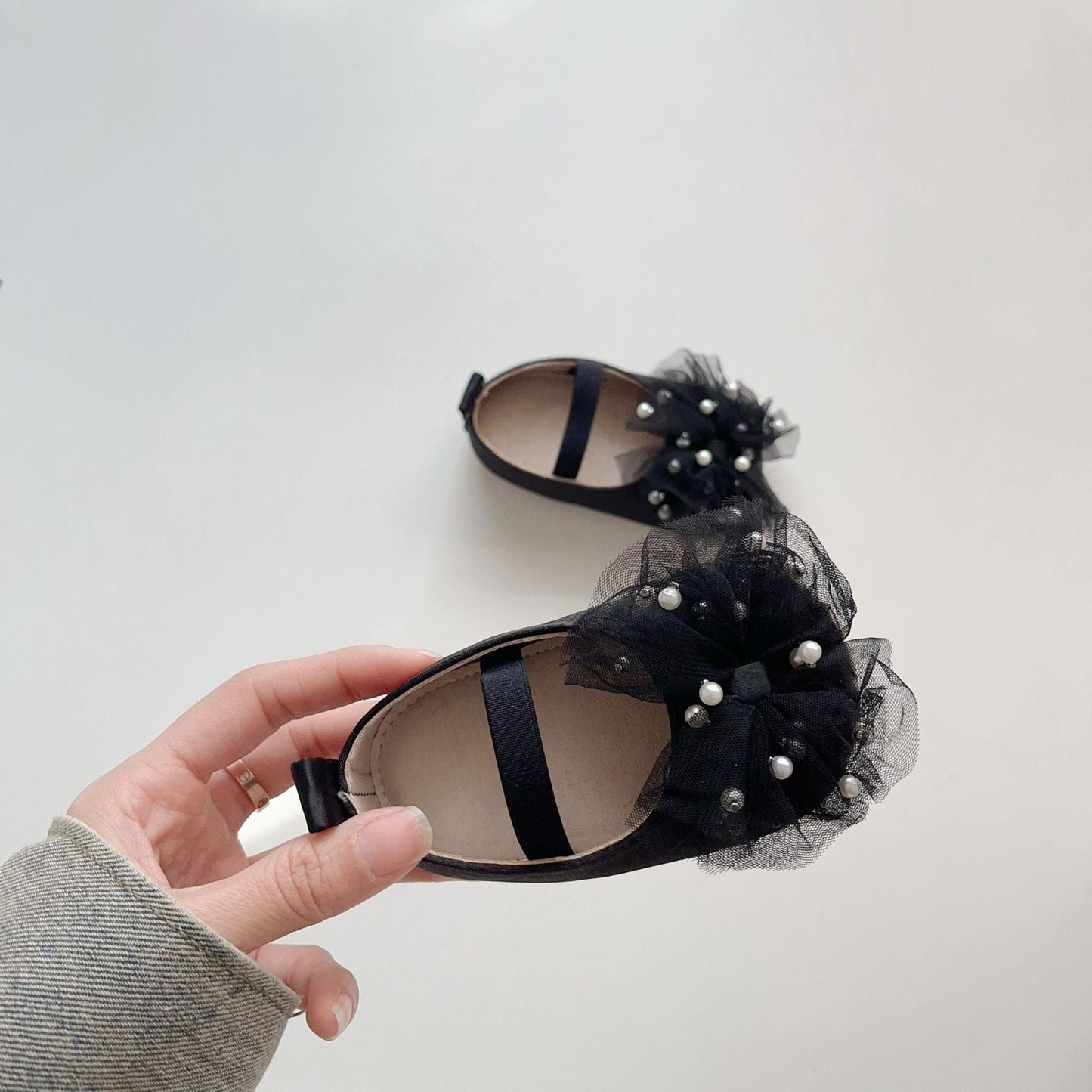 ベビー用靴 ベビーシューズ チュールリボンパールフラットバレエシューズ【mh0009717】