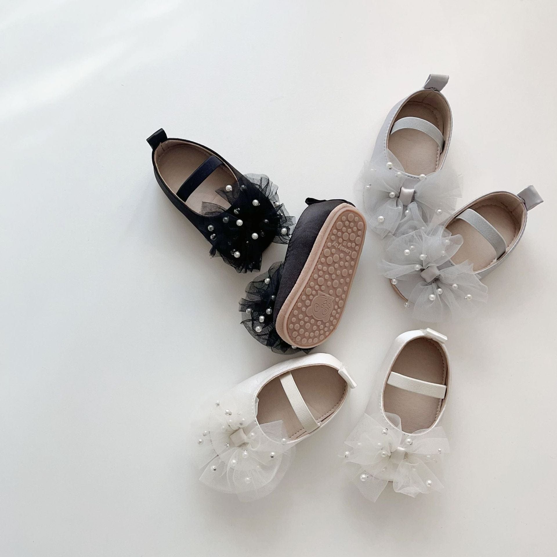 ベビー用靴 ベビーシューズ チュールリボンパールフラットバレエシューズ【mh0009717】