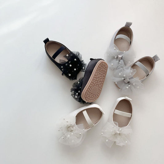 ベビー用靴 ベビーシューズ チュールリボンパールフラットバレエシューズ【mh0009717】