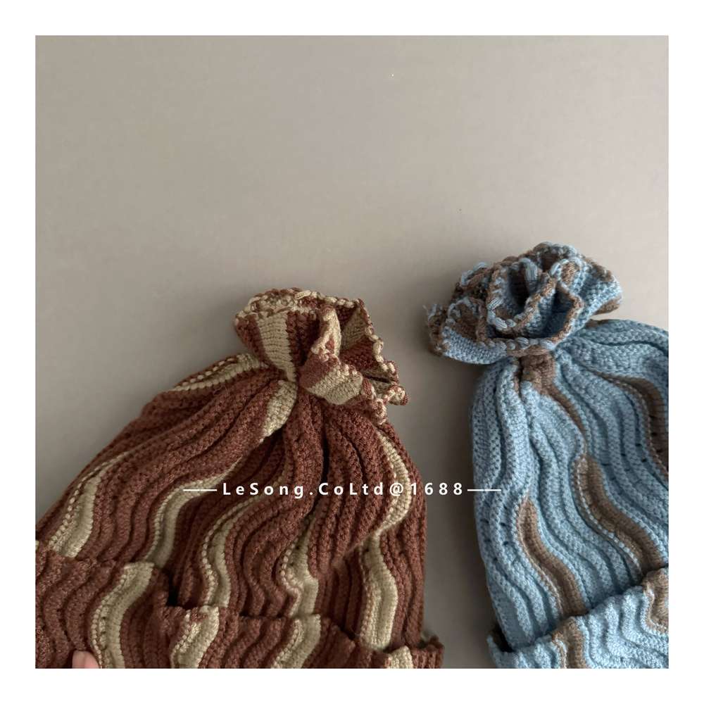 ベビー用帽子 キッズ ニット帽 ウェーブ柄 ビーニー 韓国風 ニュアンスカラー【mh0011590】