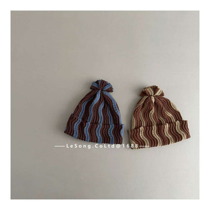 ベビー用帽子 キッズ ニット帽 ウェーブ柄 ビーニー 韓国風 ニュアンスカラー【mh0011590】