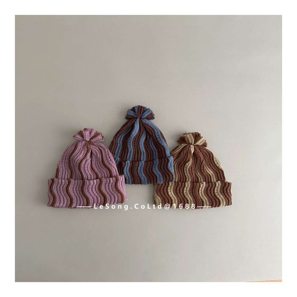 ベビー用帽子 キッズ ニット帽 ウェーブ柄 ビーニー 韓国風 ニュアンスカラー【mh0011590】
