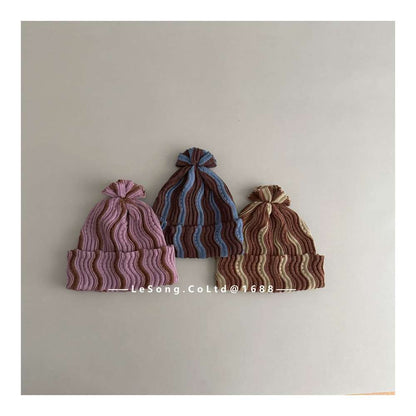 ベビー用帽子 キッズ ニット帽 ウェーブ柄 ビーニー 韓国風 ニュアンスカラー【mh0011590】