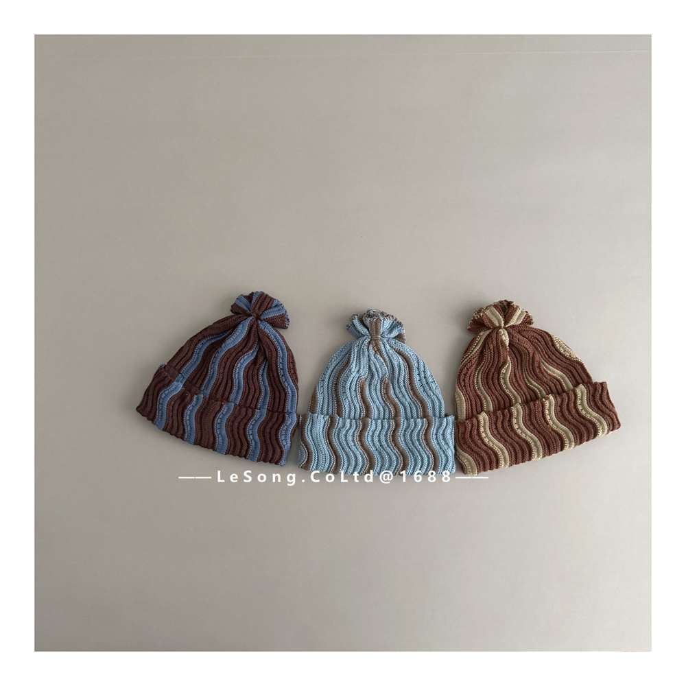 ベビー用帽子 キッズ ニット帽 ウェーブ柄 ビーニー 韓国風 ニュアンスカラー【mh0011590】