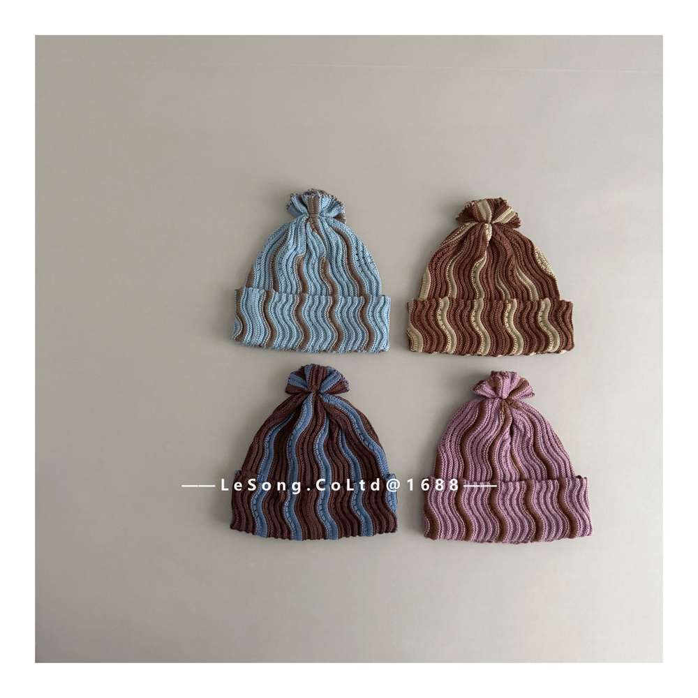 ベビー用帽子 キッズ ニット帽 ウェーブ柄 ビーニー 韓国風 ニュアンスカラー【mh0011590】