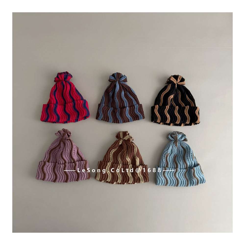 ベビー用帽子 キッズ ニット帽 ウェーブ柄 ビーニー 韓国風 ニュアンスカラー【mh0011590】