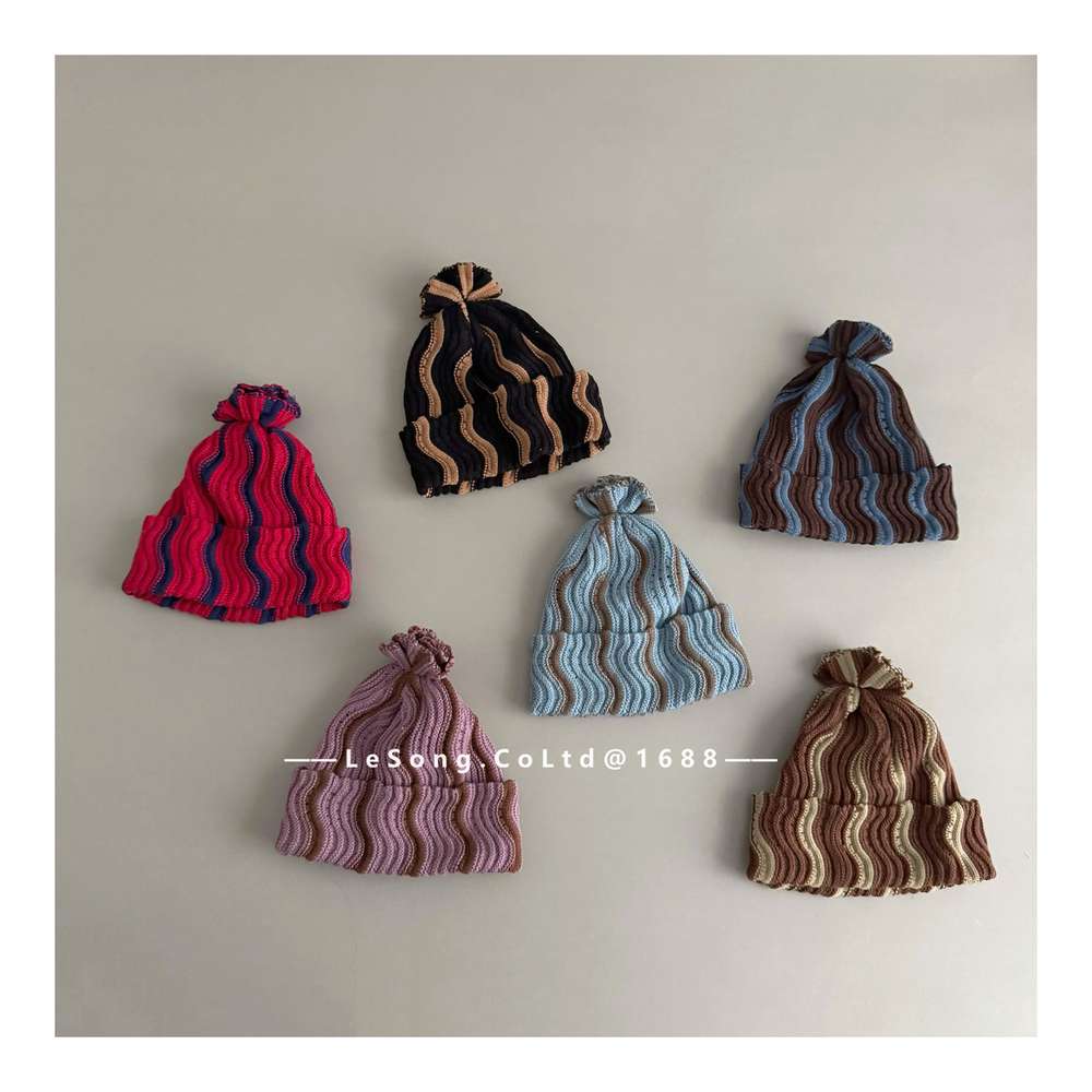 ベビー用帽子 キッズ ニット帽 ウェーブ柄 ビーニー 韓国風 ニュアンスカラー【mh0011590】
