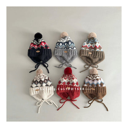 ベビー用帽子 キッズ ニット帽 ノルディック柄 耳当て付き ボンボン 韓国風【mh0011593】