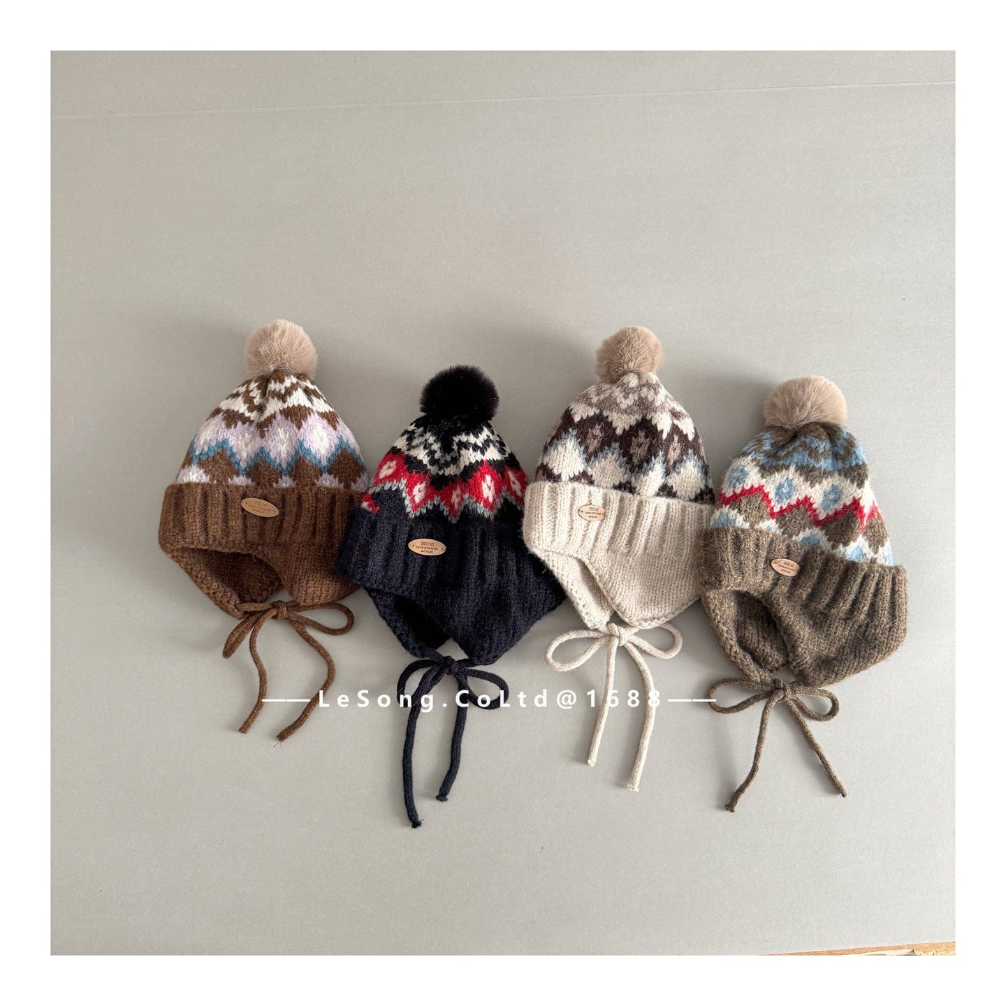 ベビー用帽子 キッズ ニット帽 ノルディック柄 耳当て付き ボンボン 韓国風【mh0011593】