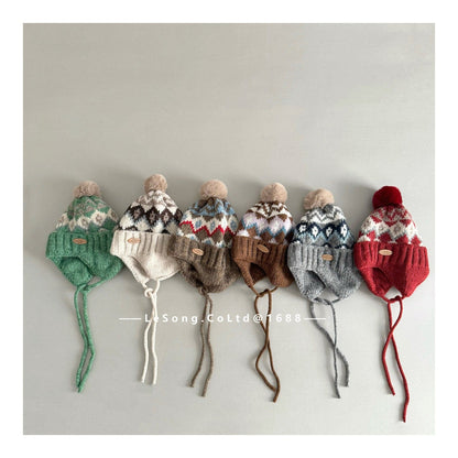 ベビー用帽子 キッズ ニット帽 ノルディック柄 耳当て付き ボンボン 韓国風【mh0011593】