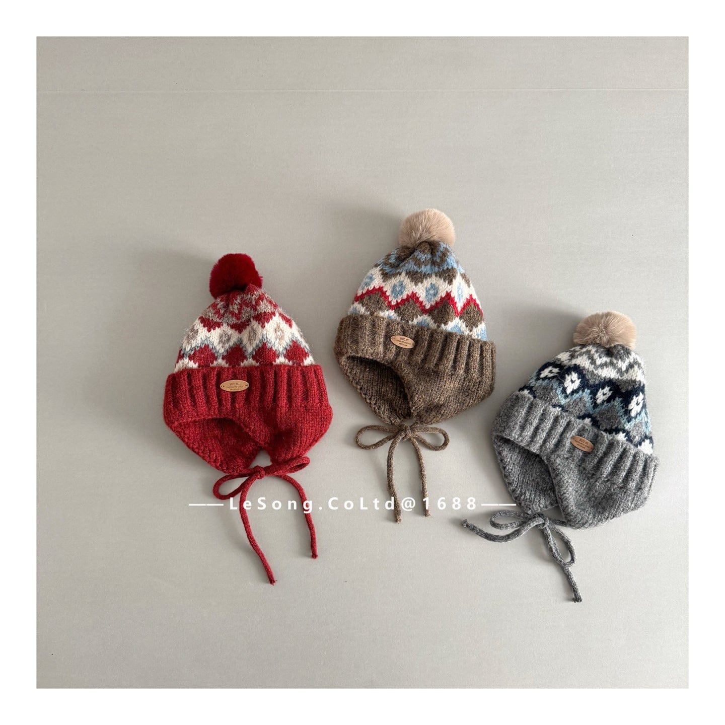 ベビー用帽子 キッズ ニット帽 ノルディック柄 耳当て付き ボンボン 韓国風【mh0011593】