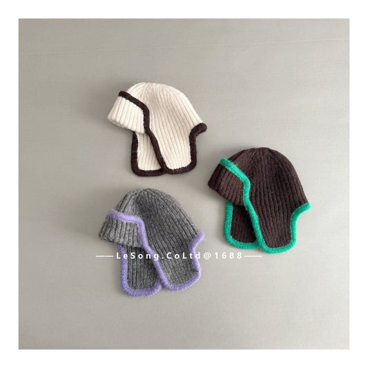ベビー用帽子 ジュニア ニット帽 バイカラーイピング 耳当て付き ビーニー 韓国風【mh0011594】