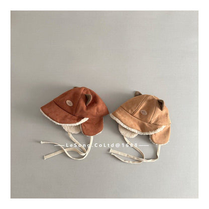 ベビー用帽子 ベビー帽子 耳付き ねこ耳 スエード調 フリース 防寒 つば付き【mh0011595】