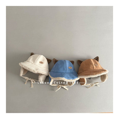 ベビー用帽子 ベビー帽子 耳付き ねこ耳 スエード調 フリース 防寒 つば付き【mh0011595】