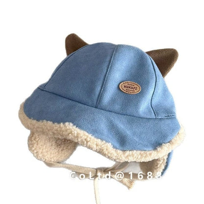 ベビー用帽子 ベビー帽子 耳付き ねこ耳 スエード調 フリース 防寒 つば付き【mh0011595】