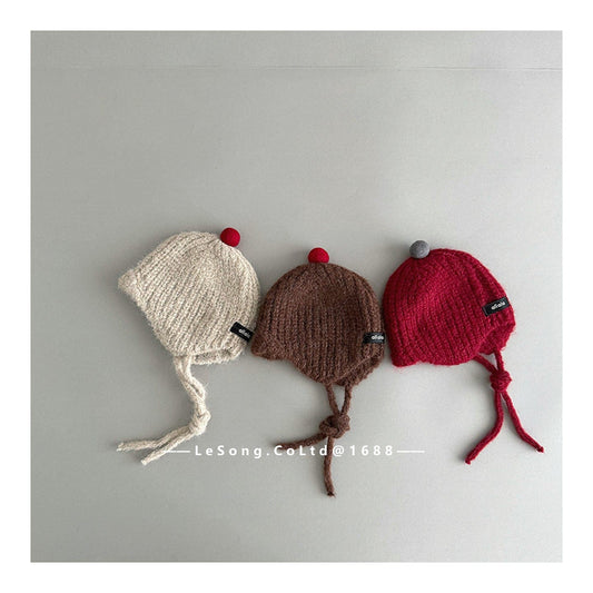 ベビー用帽子 キッズ ニット帽 ポンポン あご紐付き 耳当て 防寒 ベビー【mh0011597】