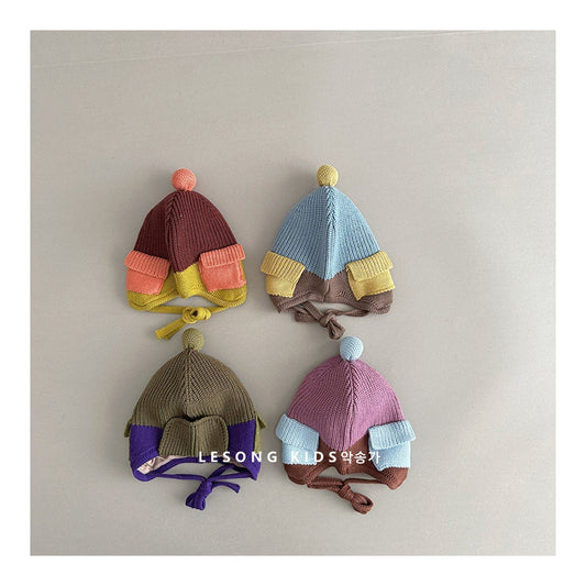 ベビー用帽子 キッズ ニット帽 パッチワーク カラーブロック ポケット付き 耳当て 防寒【mh0011602】