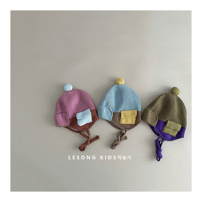 ベビー用帽子 キッズ ニット帽 パッチワーク カラーブロック ポケット付き 耳当て 防寒【mh0011602】