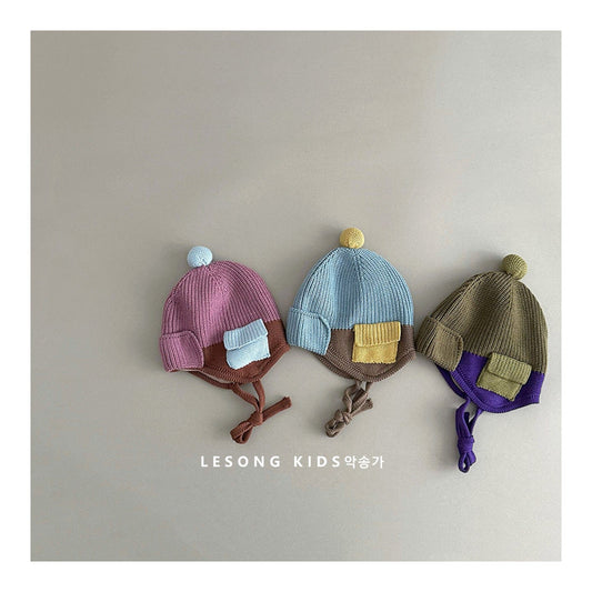 ベビー用帽子 キッズ ニット帽 パッチワーク カラーブロック ポケット付き 耳当て 防寒【mh0011602】