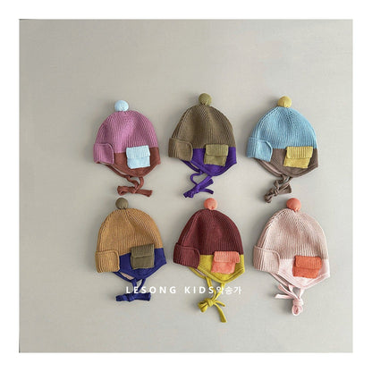 ベビー用帽子 キッズ ニット帽 パッチワーク カラーブロック ポケット付き 耳当て 防寒【mh0011602】