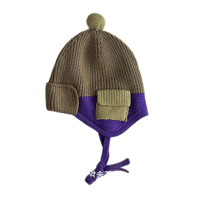 ベビー用帽子 キッズ ニット帽 パッチワーク カラーブロック ポケット付き 耳当て 防寒【mh0011602】