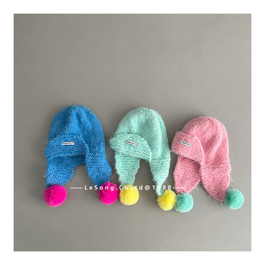 ベビー用帽子 キッズ帽子 キャンディカラー ニットキャップ 耳当て付き トラッパー【mh0011819】