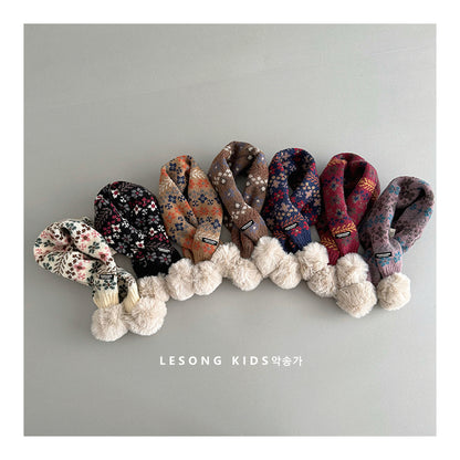 ネックウォーマー キッズマフラー ニット 花柄 ぽんぽん ネックウォーマー【mh0011825】