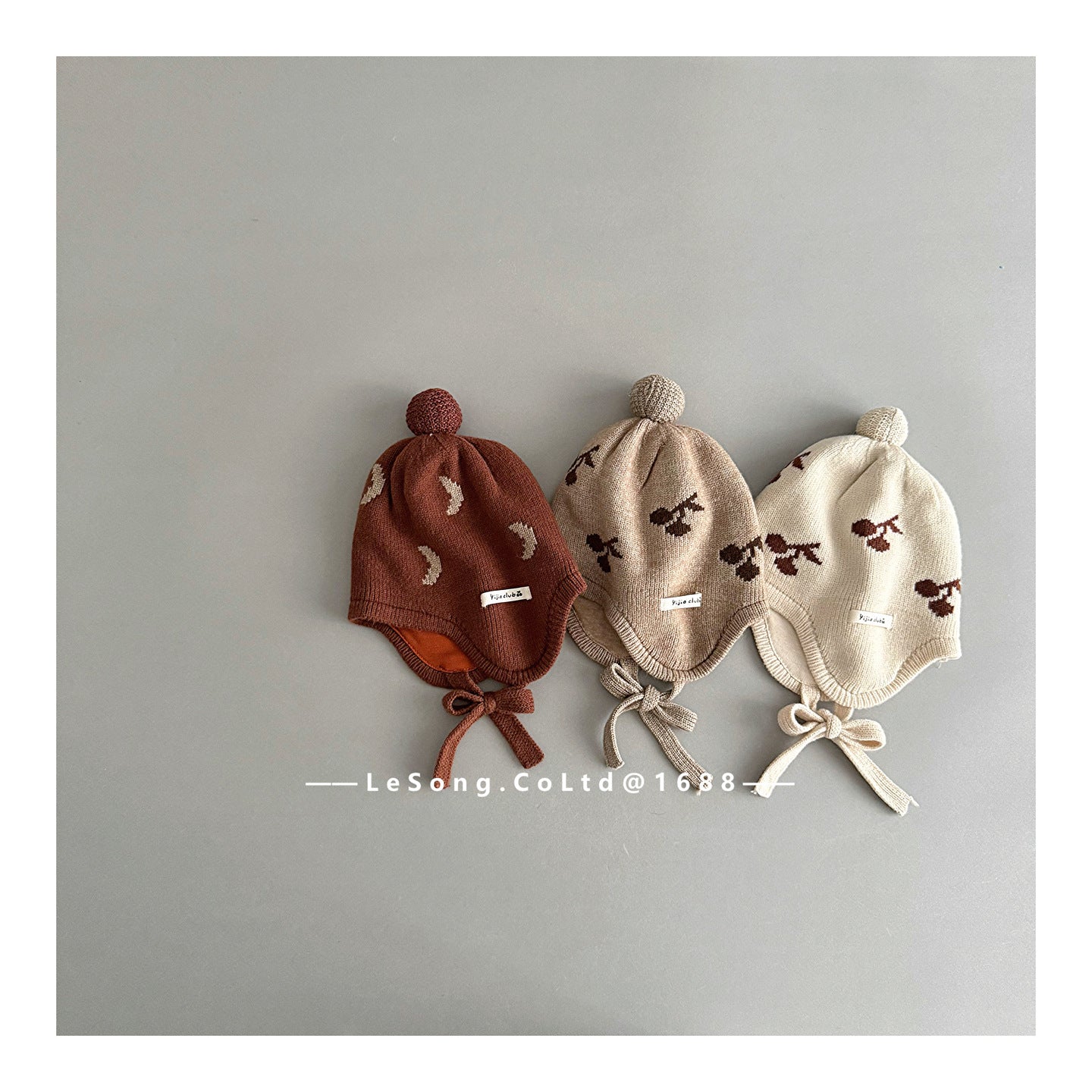 ベビー用帽子 ベビー帽子 チェリー/ムーン月 ニット 耳当て付き ニットキャップ【mh0011829】