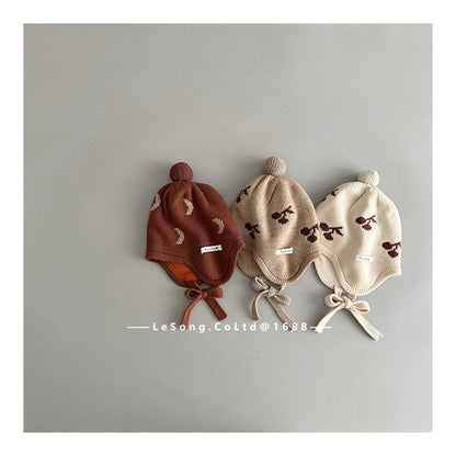 ベビー用帽子 ベビー帽子 チェリー/ムーン月 ニット 耳当て付き ニットキャップ【mh0011829】