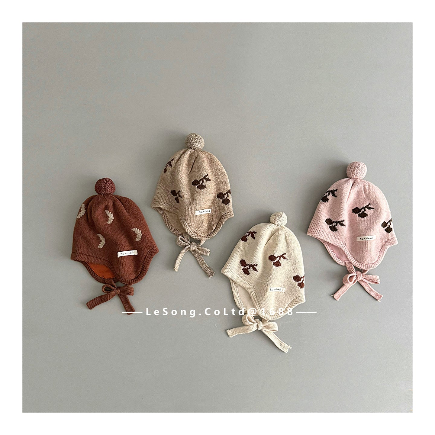 ベビー用帽子 ベビー帽子 チェリー/ムーン月 ニット 耳当て付き ニットキャップ【mh0011829】