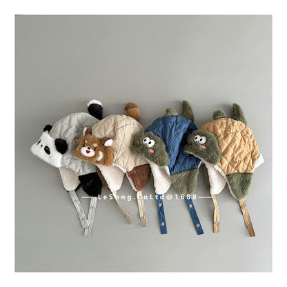 ベビー用帽子 ベビー帽子 パンダ/うさぎ/恐竜アップリケ キルト 耳当て付き フライトハット【mh0011831】