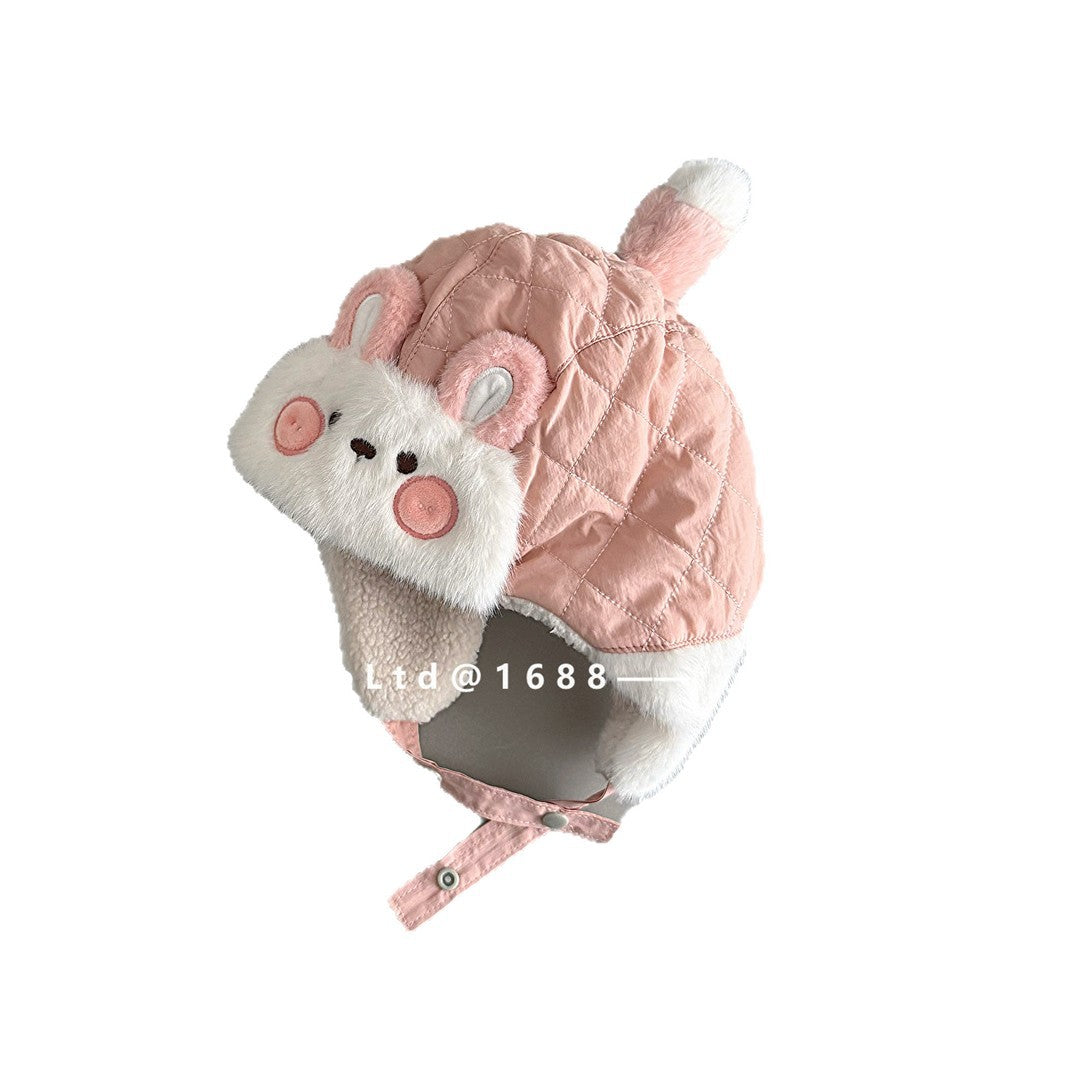 ベビー用帽子 ベビー帽子 パンダ/うさぎ/恐竜アップリケ キルト 耳当て付き フライトハット【mh0011831】