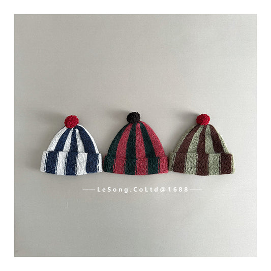 ベビー用帽子 ベビー帽子 ストライプ ぽんぽん ピエロ ニットキャップ【mh0011835】