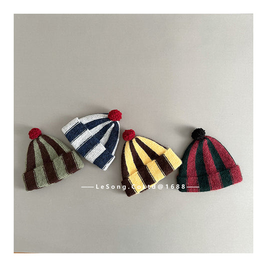 ベビー用帽子 ベビー帽子 ストライプ ぽんぽん ピエロ ニットキャップ【mh0011835】