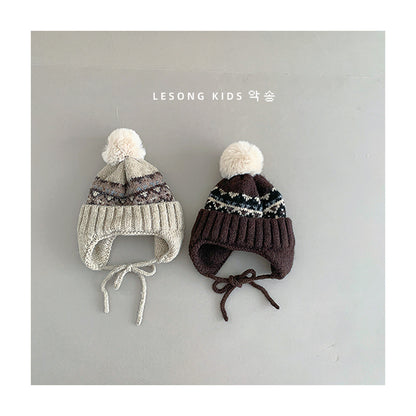 ベビー用帽子 キッズ帽子 ニット トライバル ぽんぽん 耳当て付き ニットキャップ【mh0011839】