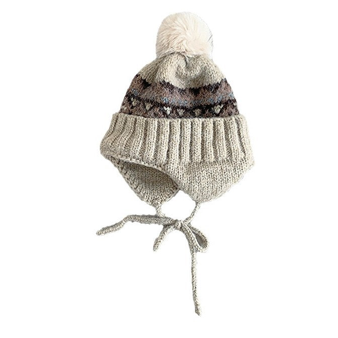 ベビー用帽子 キッズ帽子 ニット トライバル ぽんぽん 耳当て付き ニットキャップ【mh0011839】