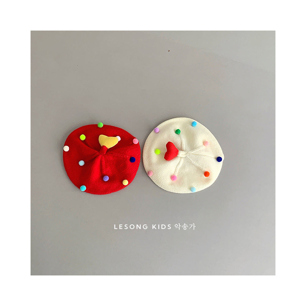 ベビー用帽子 ベビー帽子 カラフルぽんぽん ハート ニット ベレー帽【mh0011842】