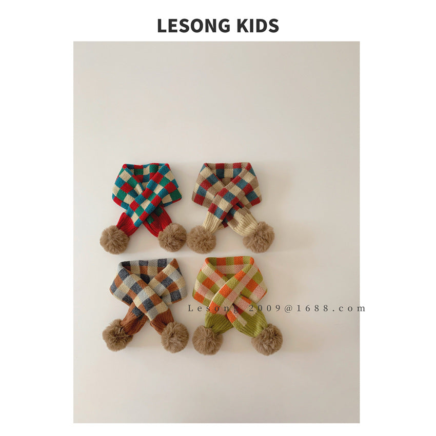 ネックウォーマー キッズマフラー カラフル ブロックチェック ぽんぽん ネックウォーマー【mh0011843】