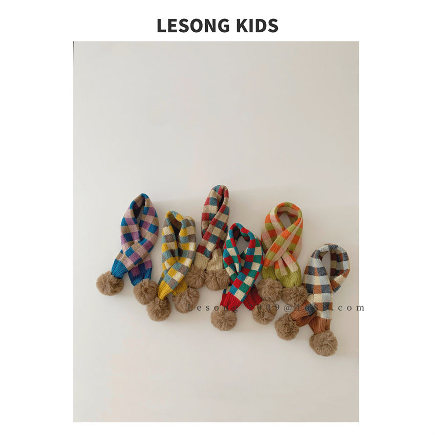 ネックウォーマー キッズマフラー カラフル ブロックチェック ぽんぽん ネックウォーマー【mh0011843】