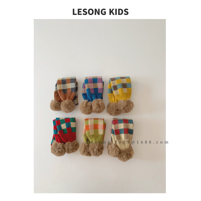 ネックウォーマー キッズマフラー カラフル ブロックチェック ぽんぽん ネックウォーマー【mh0011843】