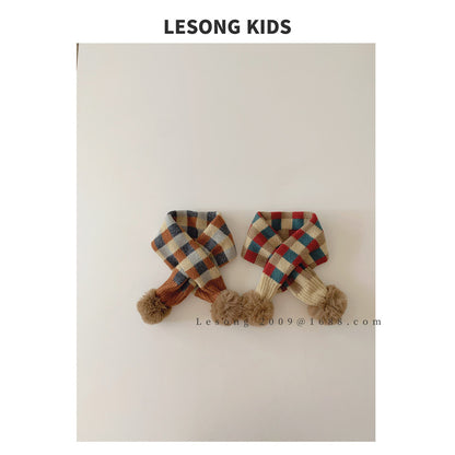 ネックウォーマー キッズマフラー カラフル ブロックチェック ぽんぽん ネックウォーマー【mh0011843】