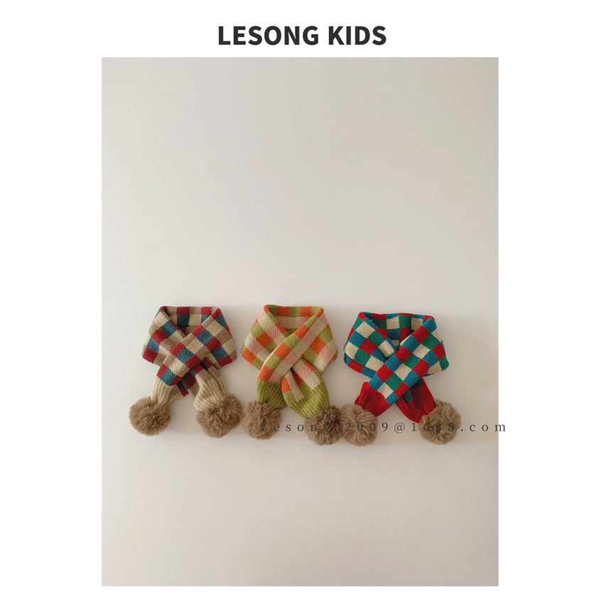 ネックウォーマー キッズマフラー カラフル ブロックチェック ぽんぽん ネックウォーマー【mh0011843】
