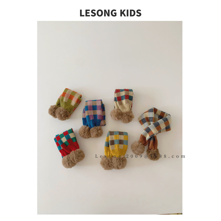 ネックウォーマー キッズマフラー カラフル ブロックチェック ぽんぽん ネックウォーマー【mh0011843】