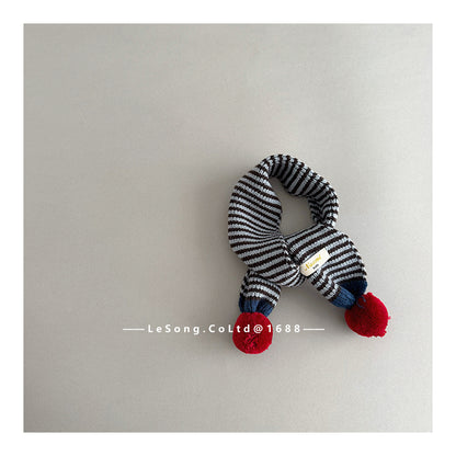 ネックウォーマー Navy / One Size キッズマフラー ボーダー ニット ぽんぽん ネックウォーマー【mh0011805】