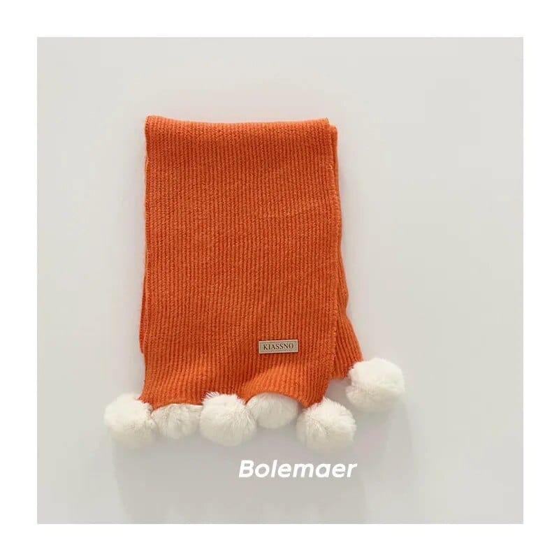 ネックウォーマー Orange / 130x20cm キッズマフラー スカーフ ニット ぽんぽん付き ネックウォーマー 9カラー ガールズ 女の子 子供服【mh0003109】