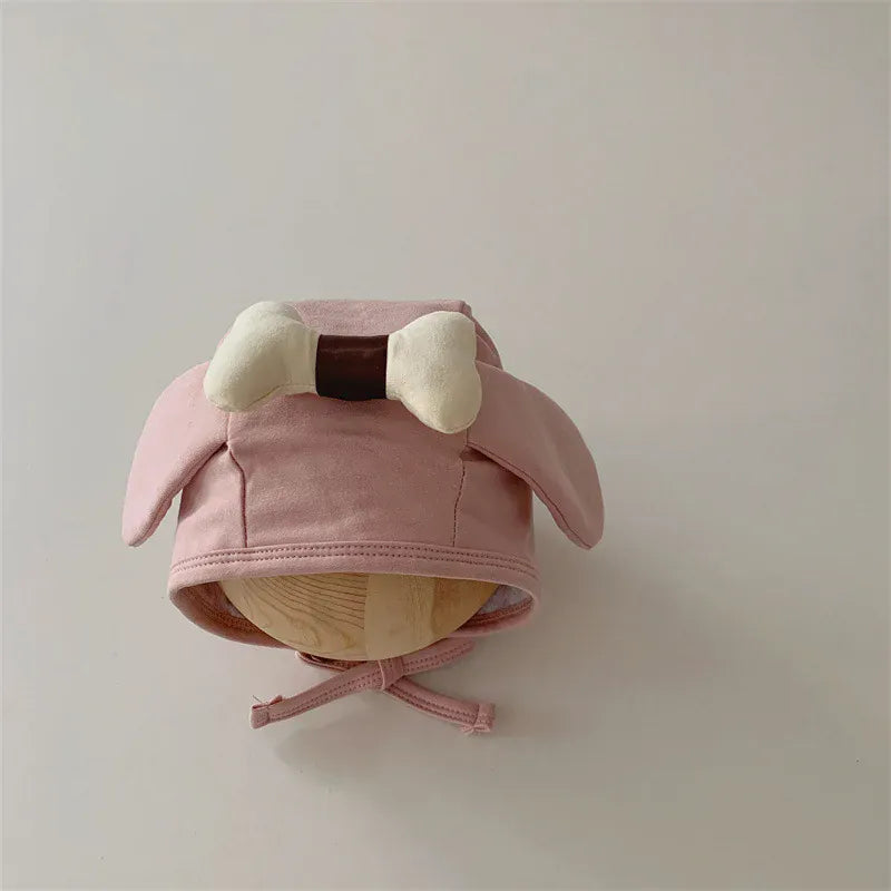 ベビー用帽子 pink / 35-45cm (3-16m) ベビー帽子 耳付きボンネット リボン 犬 パピー コスチューム