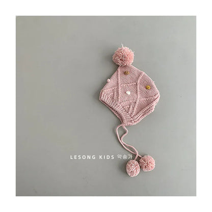 ベビー用帽子 Pink / 44-48cm ベビー帽子 ポンポン付きニットキャップボンネット 5カラー【mh0006952】