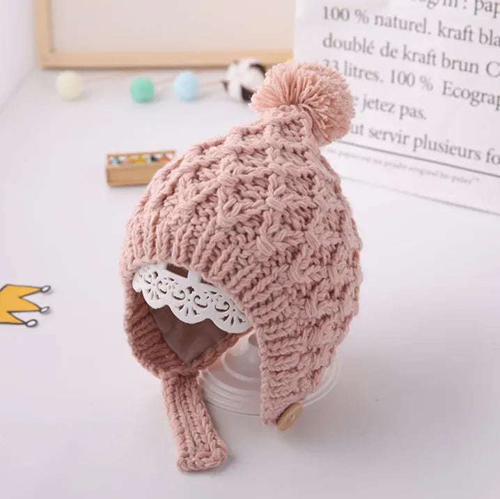 ベビー用帽子 Pink / 44-48cm ベビー帽子 ポンポン付き耳当て付きニットキャップ【mh0008189】